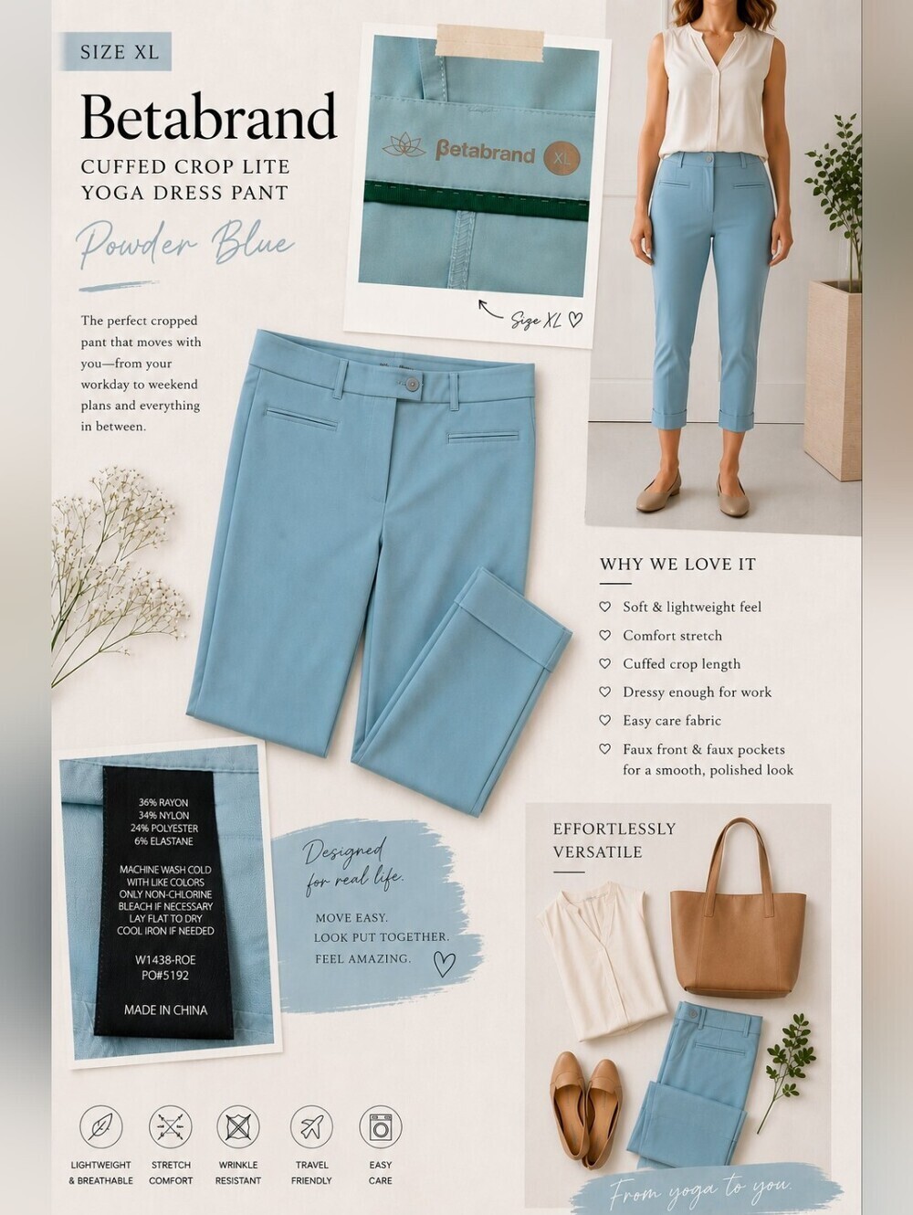 Sz XL Betabrand Cuffed Crop Lite Yoga Dress Pant Powder Blue